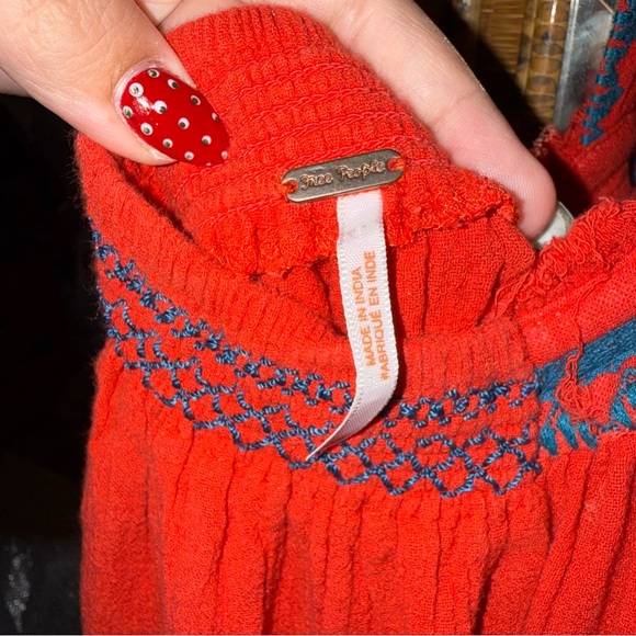Free People Boho Rust Orange Smocked Halter Dress with Blue Embroidery - Picture 3 of 5